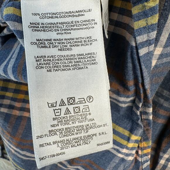 Brooks Brothers 346 Button Down Shirt Mens XL Orange‎ Navy Plaid Long Sleeve - Picture 7 of 7